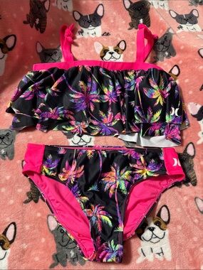 Hurley Girls Black Bikini with Neon Pink and Multicolor Palm Print
